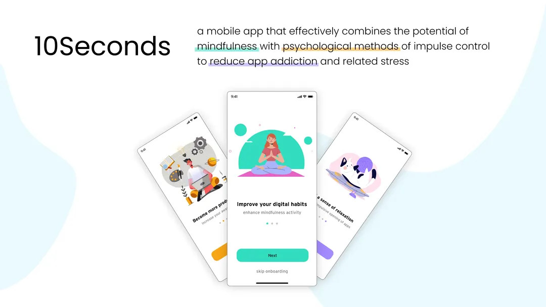 Schermate di onboarding di 10Seconds, app mobile che unisce mindfulness e metodi di controllo degli impulsi per ridurre la dipendenza dalle app.