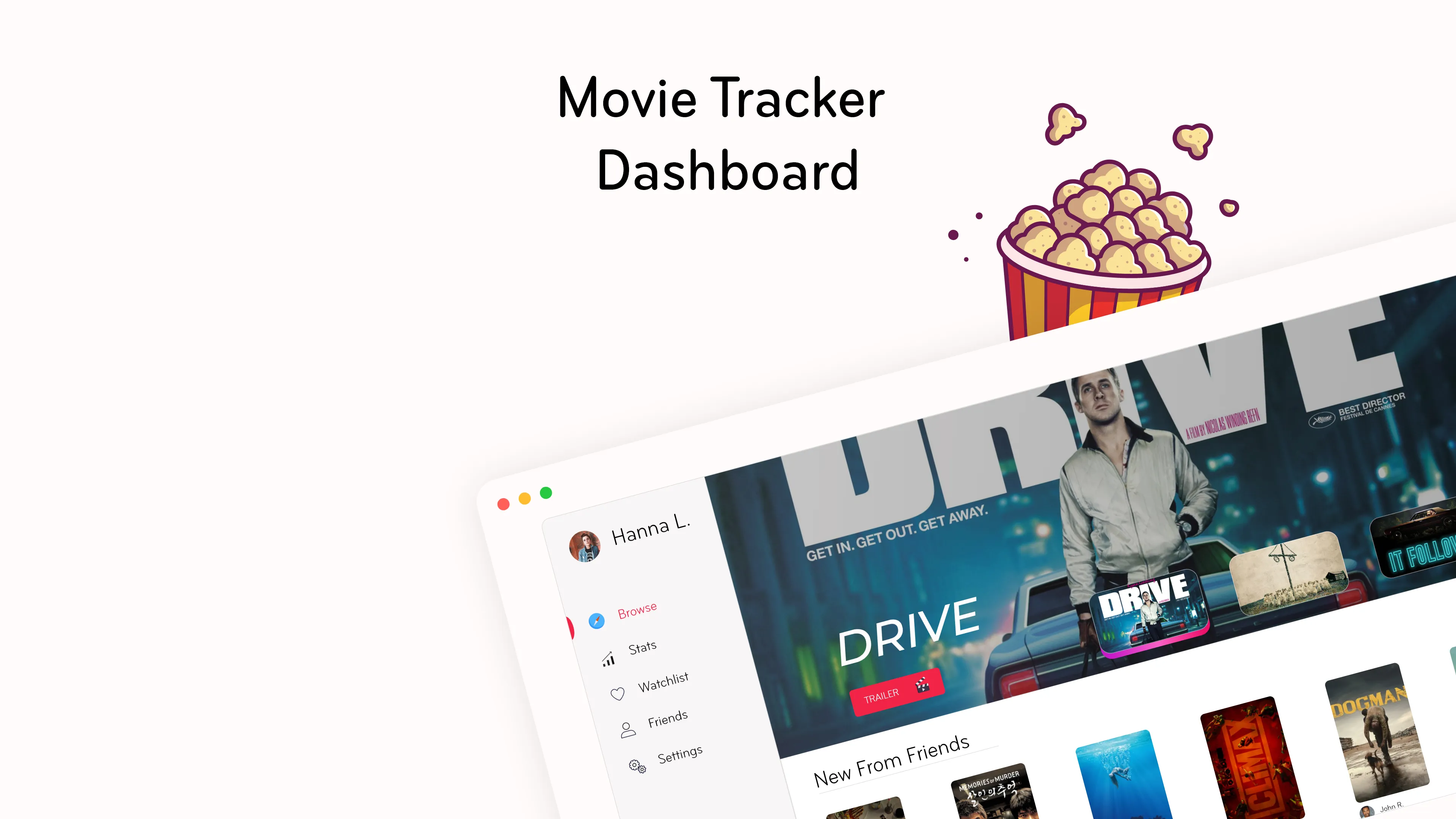 Interfaccia della dashboard Movie Tracker su mockup di browser desktop inclinato, con vista di esplorazione, watchlist e attività degli amici.
