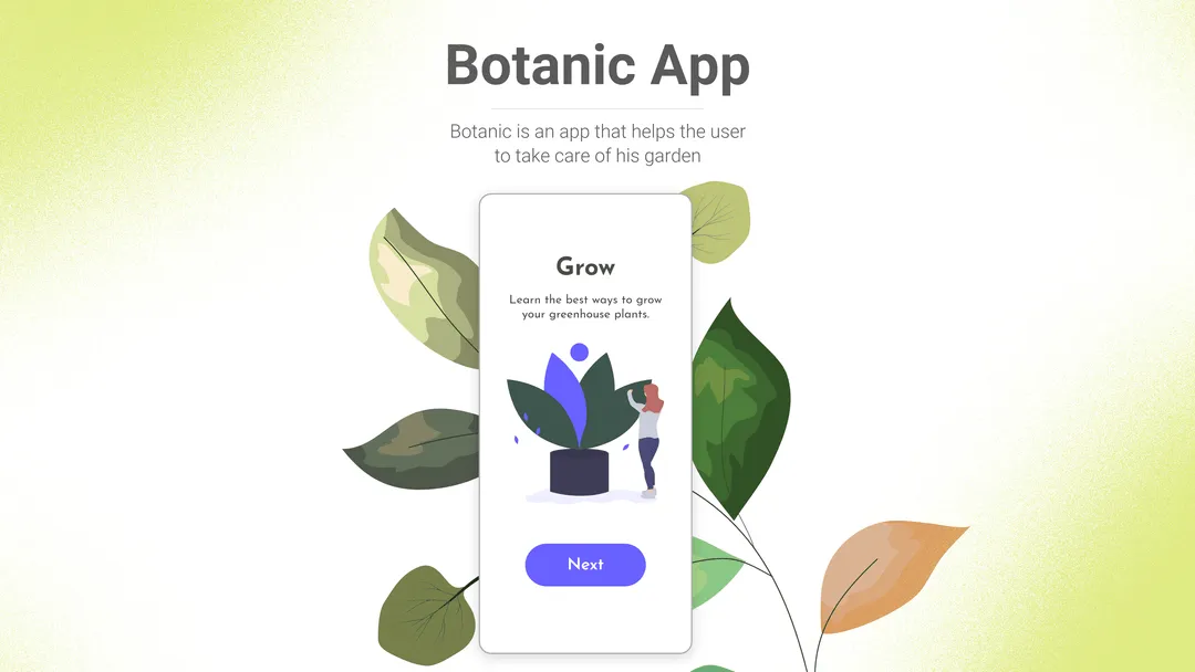 Schermata di onboarding di Botanic, app mobile che aiuta a prendersi cura del proprio giardino e delle piante di casa.