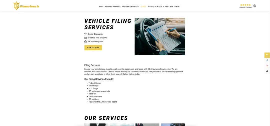 Sito web per J.B. Insurance Services: pagina dedicata ai servizi di pratiche per veicoli, con palette gialla e immagine fotografica in apertura.