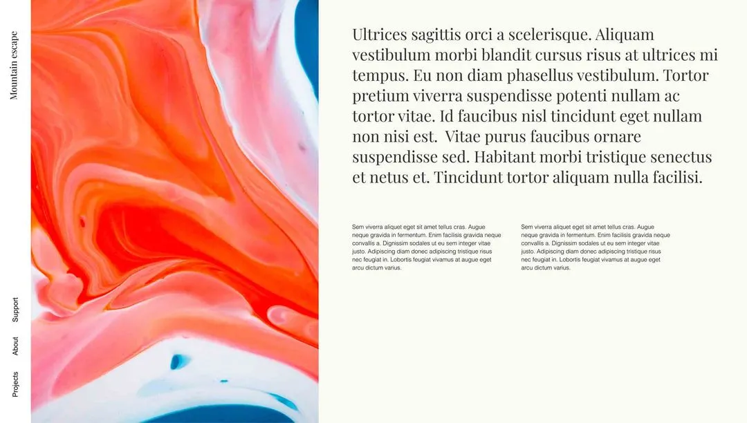 Doppia pagina editoriale che accosta un'immagine astratta al vivo a un impianto tipografico serif di grande formato e a un blocco di testo su due colonne.